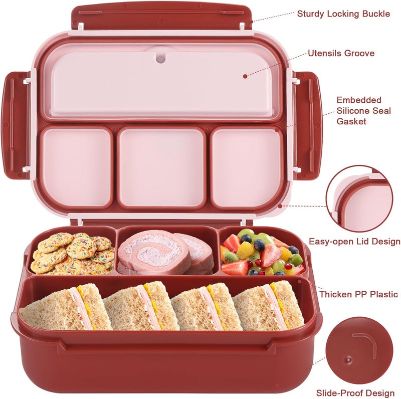 shell and turtle Bento Box Adult Lunch Box, Lunch Containers for Kids Girls Boys with 4 Compartments, Lunchable Food Container with Utensils, Sauce Jar, Muffin Liners, 40 Oz/5 Cup, Retro Red - Image 3